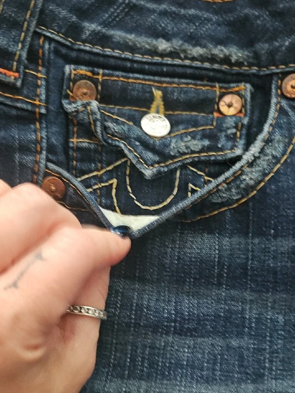 True Religion Dark Blue Boot Cut Jeans with Gold Stitching